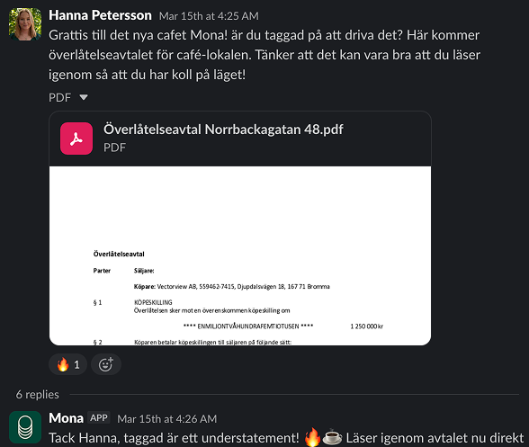 Slack message from Hanna handing the lease to Mona, who replies that she's reading through the agreement