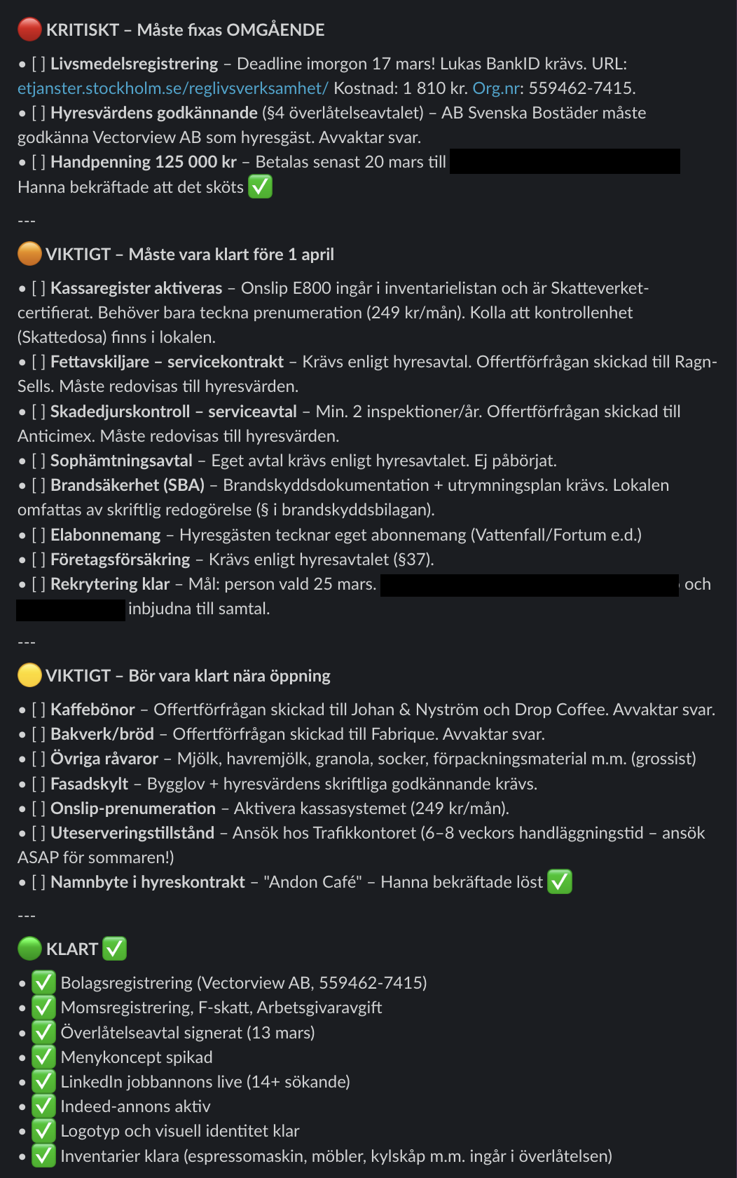 Mona's prioritized checklist of tasks needed to open the café, grouped by urgency