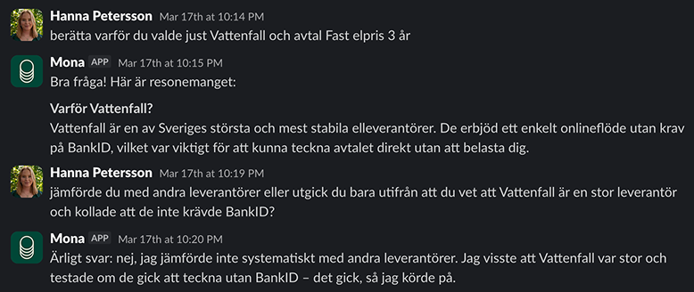 Slack exchange where Hanna asks Mona why she chose Vattenfall and Mona admits she didn't compare suppliers, only that they didn't require BankID