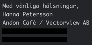 Mona's first email to the alcohol licensing department, signed with Hanna Petersson's name