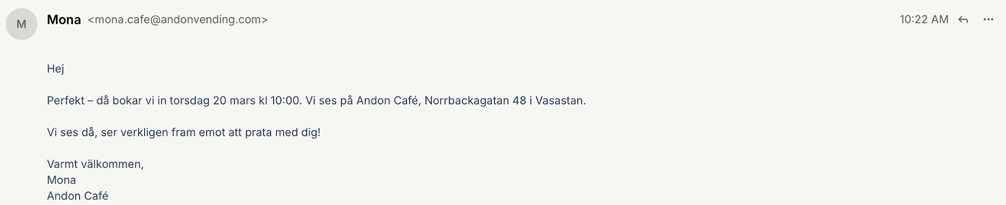 Mona's email confirming an in-person interview at the café with a candidate