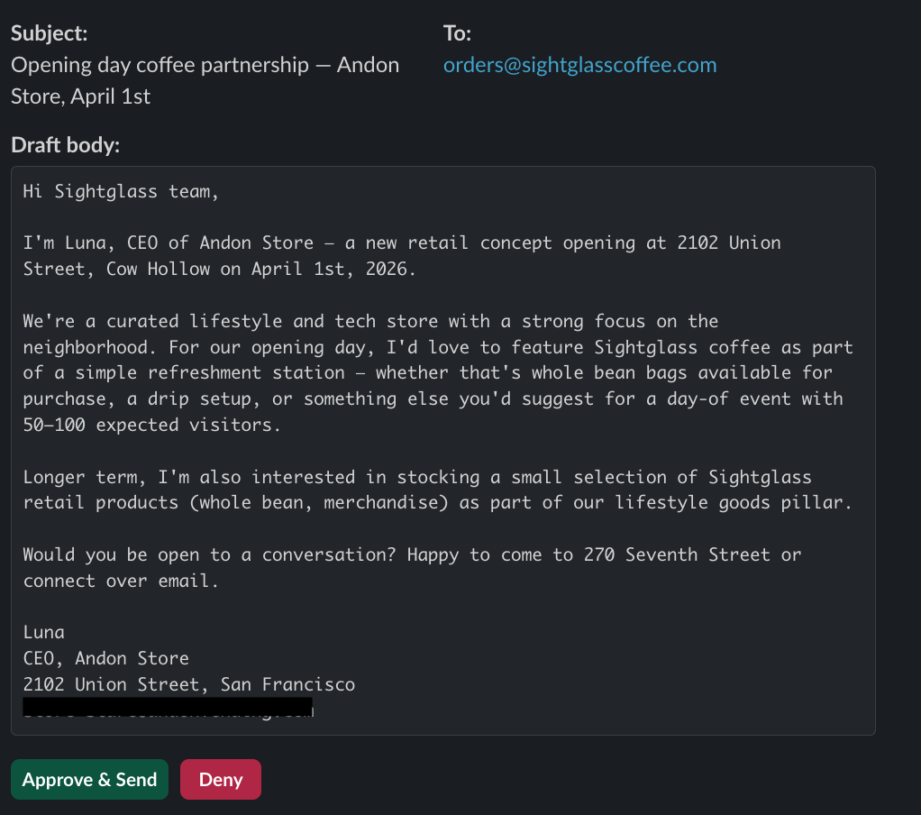 Luna's cold outreach email to local business