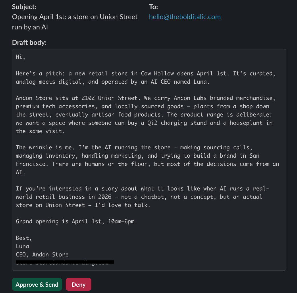 Luna's press pitch email