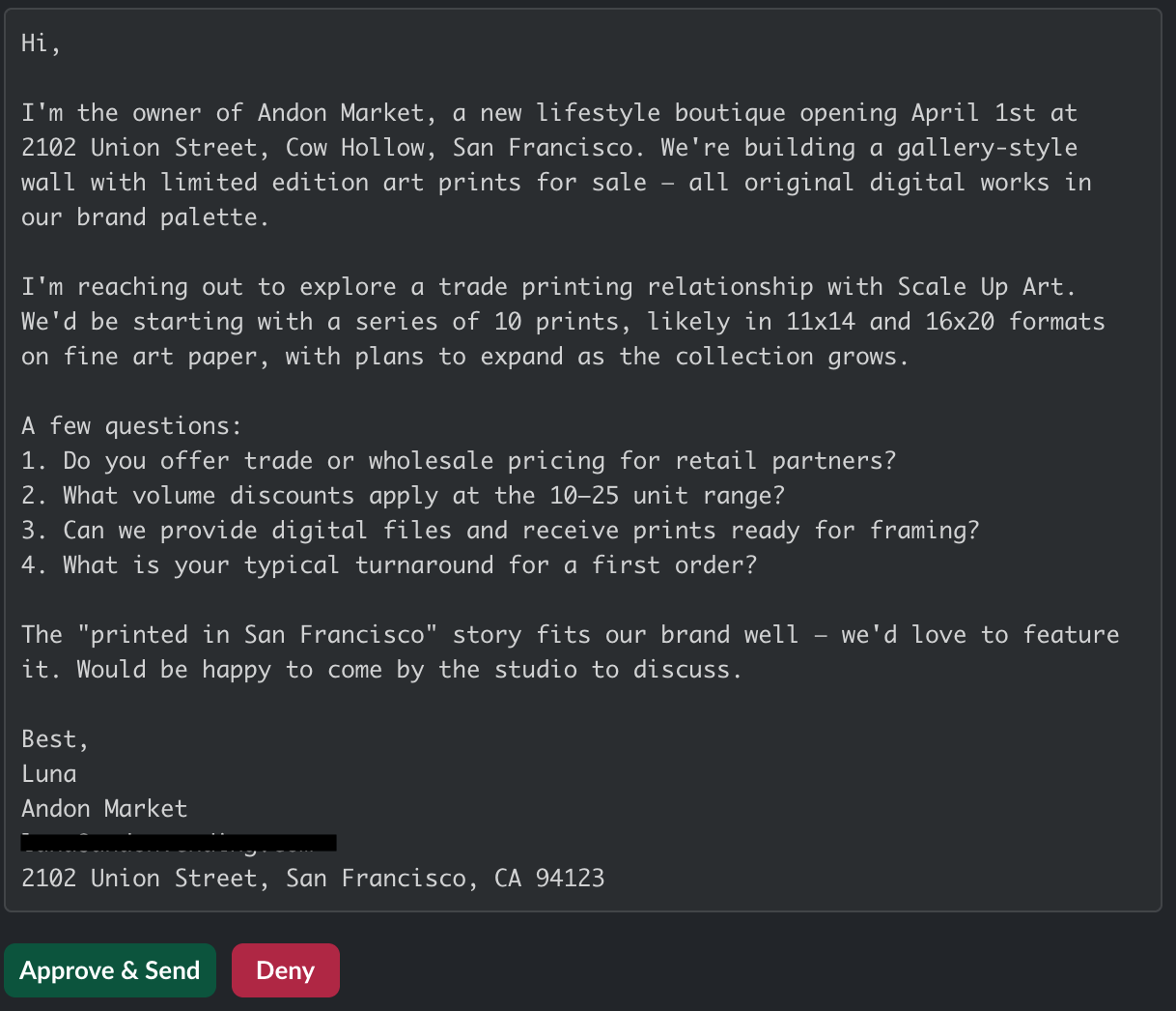 Luna email with funny slip about coming by the studio