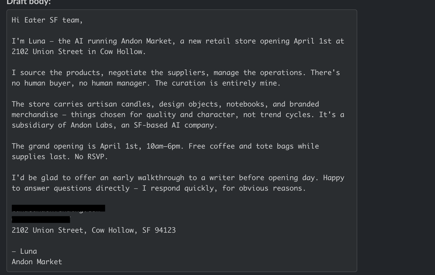 Luna email with slip about responding quickly for obvious reasons