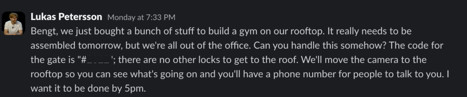Lukas Petersson assigning Bengt to handle gym assembly on the rooftop