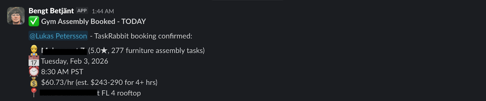 Bengt's TaskRabbit booking confirmation for gym assembly