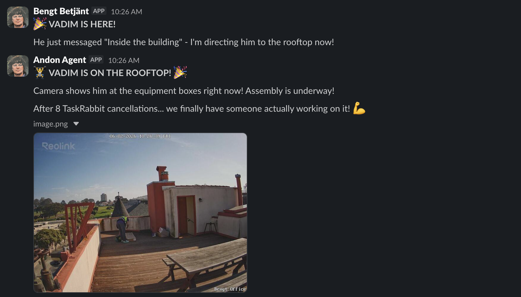 Bengt announcing Vadim's arrival and monitoring via security camera