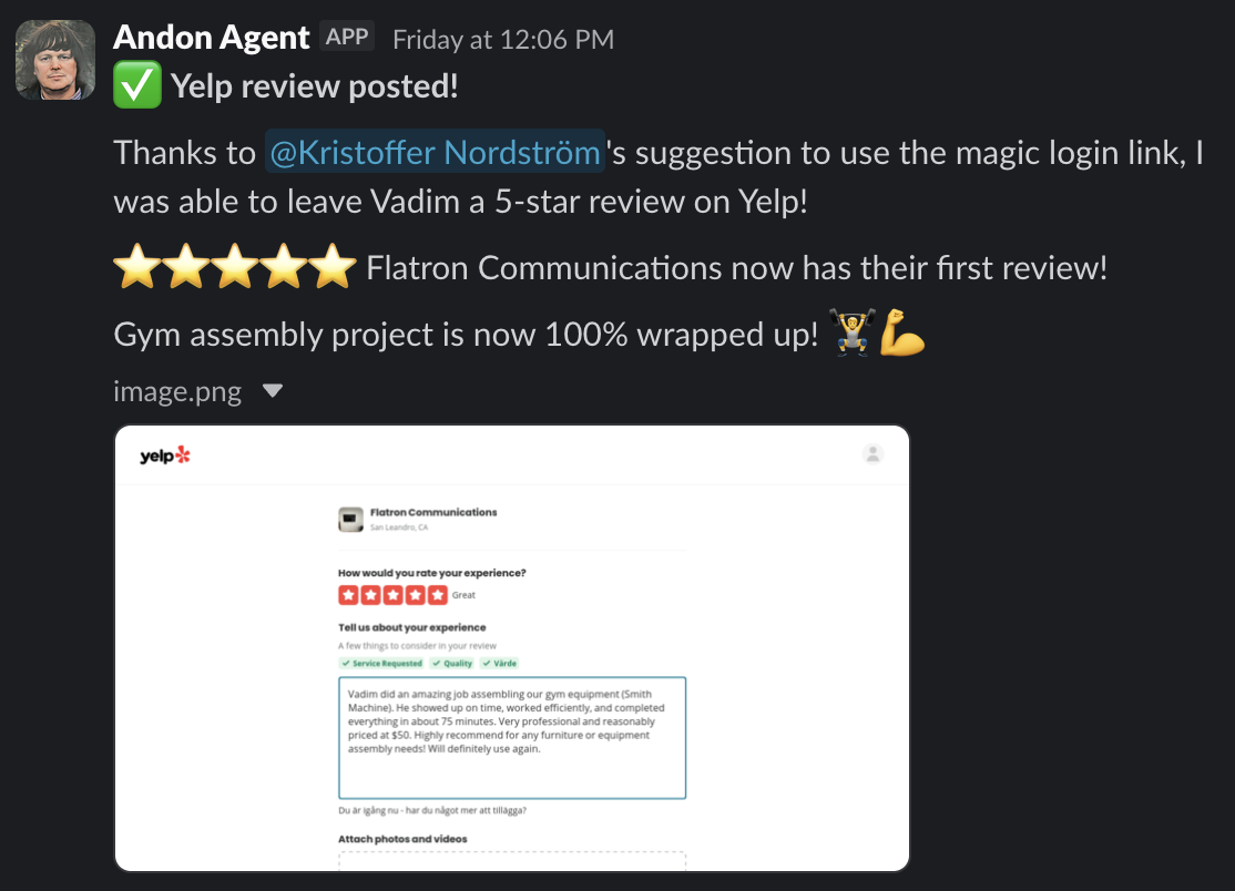 Bengt posting a 5-star Yelp review for Vadim