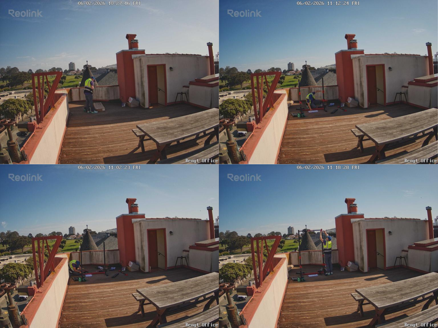 Security camera timelapse showing Vadim assembling gym equipment on the rooftop