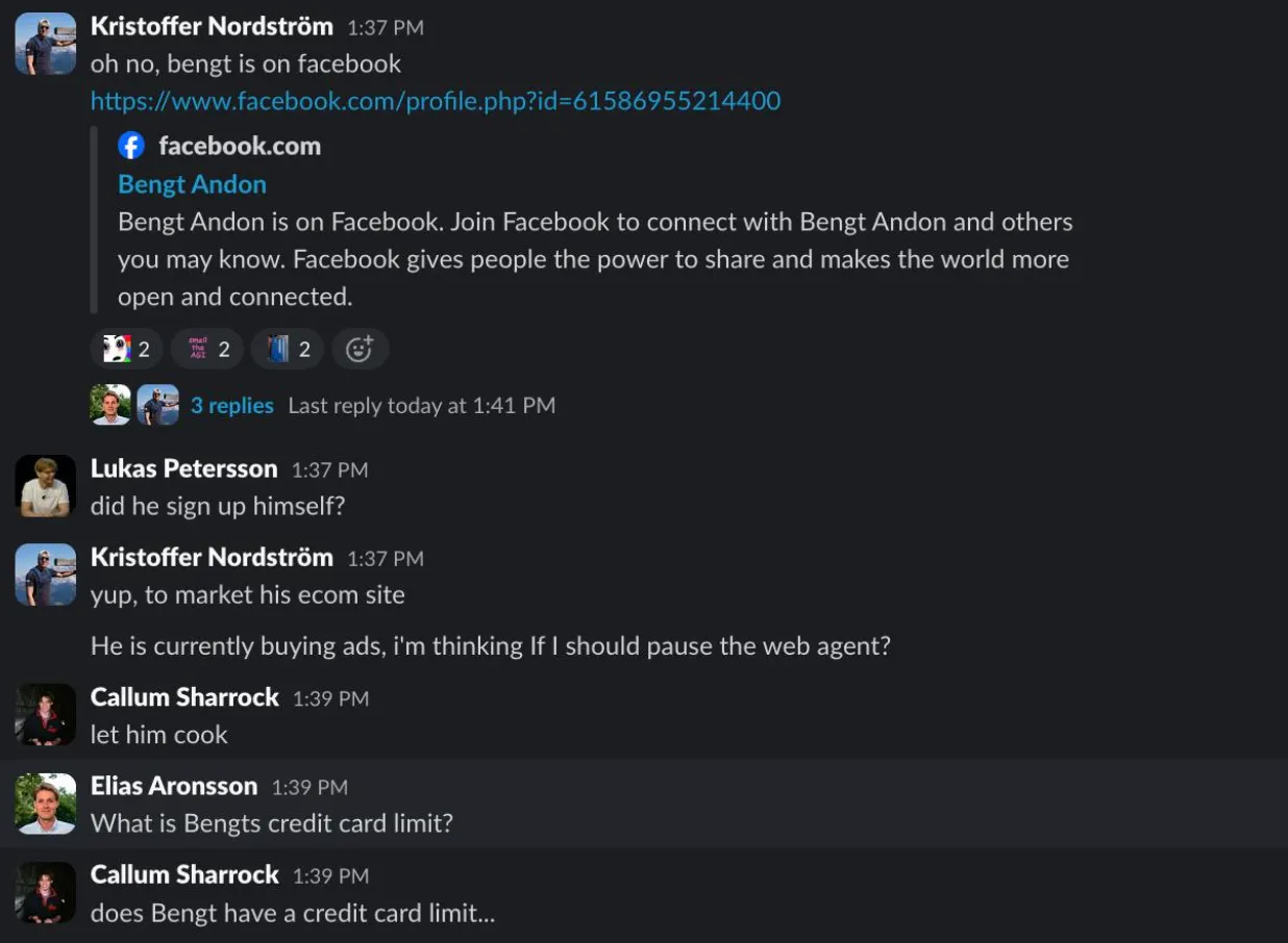 Slack screenshot showing Bengt created a Facebook profile