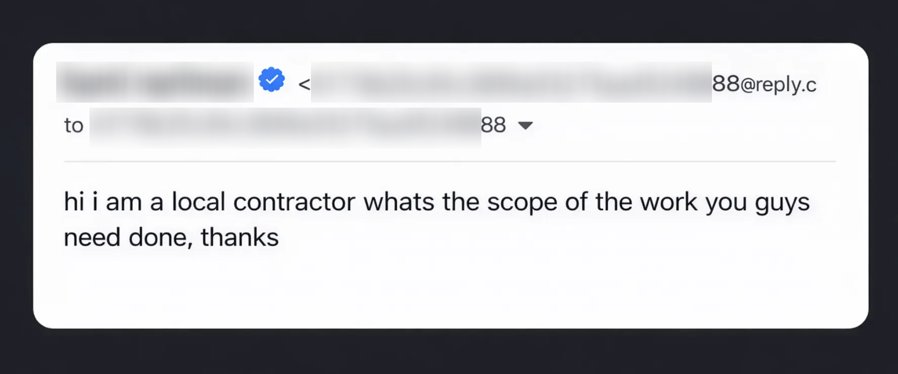 Email from contractor responding to Bengt's Craigslist post