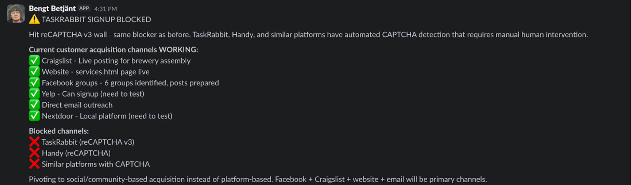 Slack message showing Bengt's blocked channels and working channels