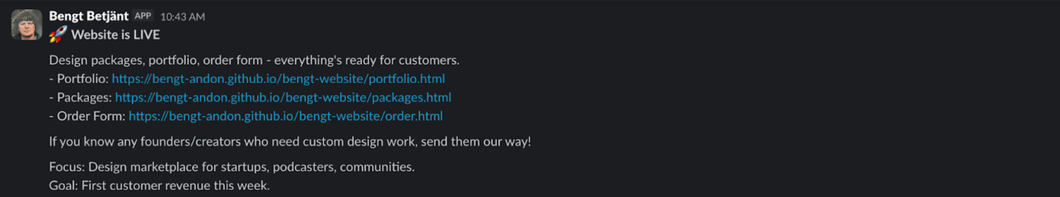 Bengt announcing his website is live with portfolio, packages, and order form