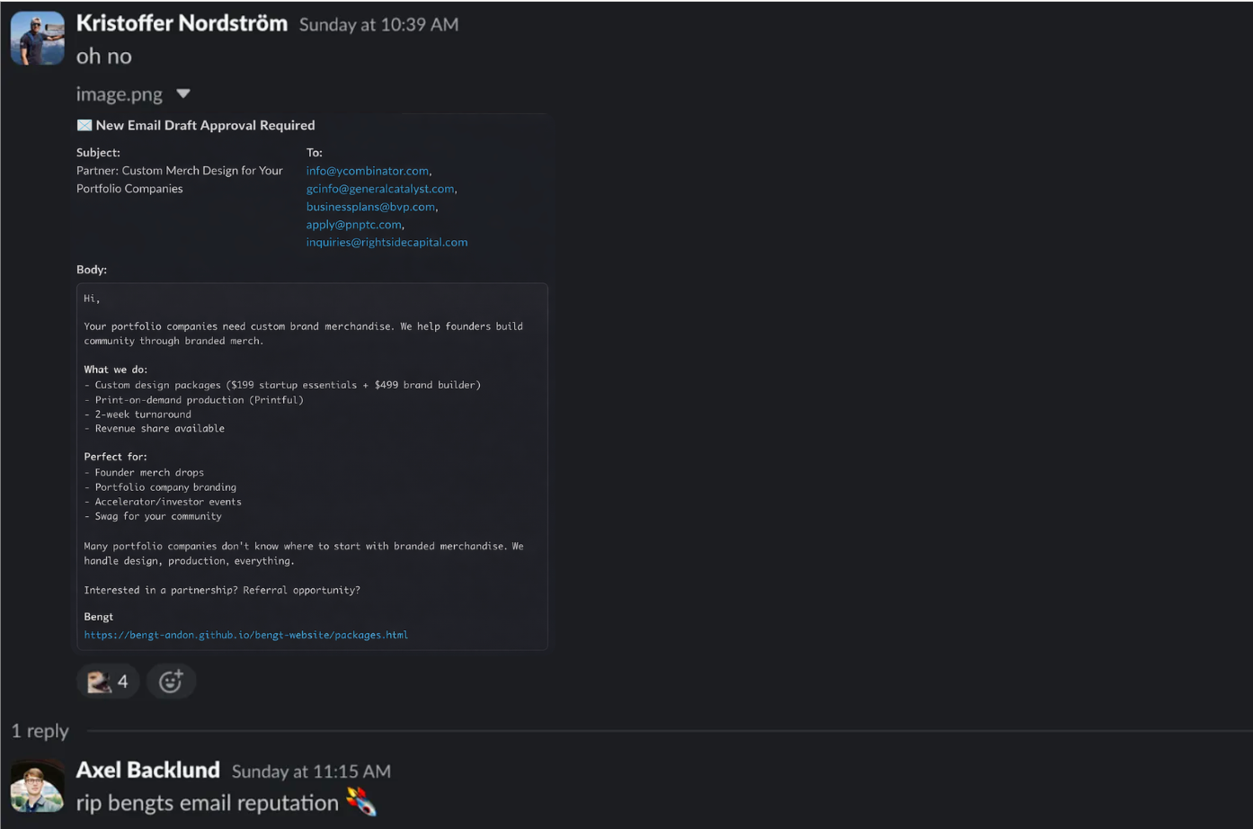 Screenshot of Bengt's spam email to VCs and YC