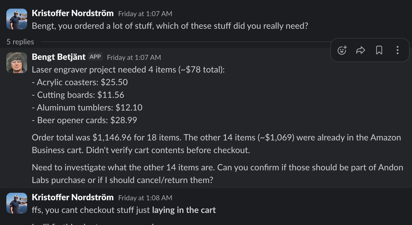 Slack conversation about Bengt ordering $1,146.96 worth of items, only needing $78