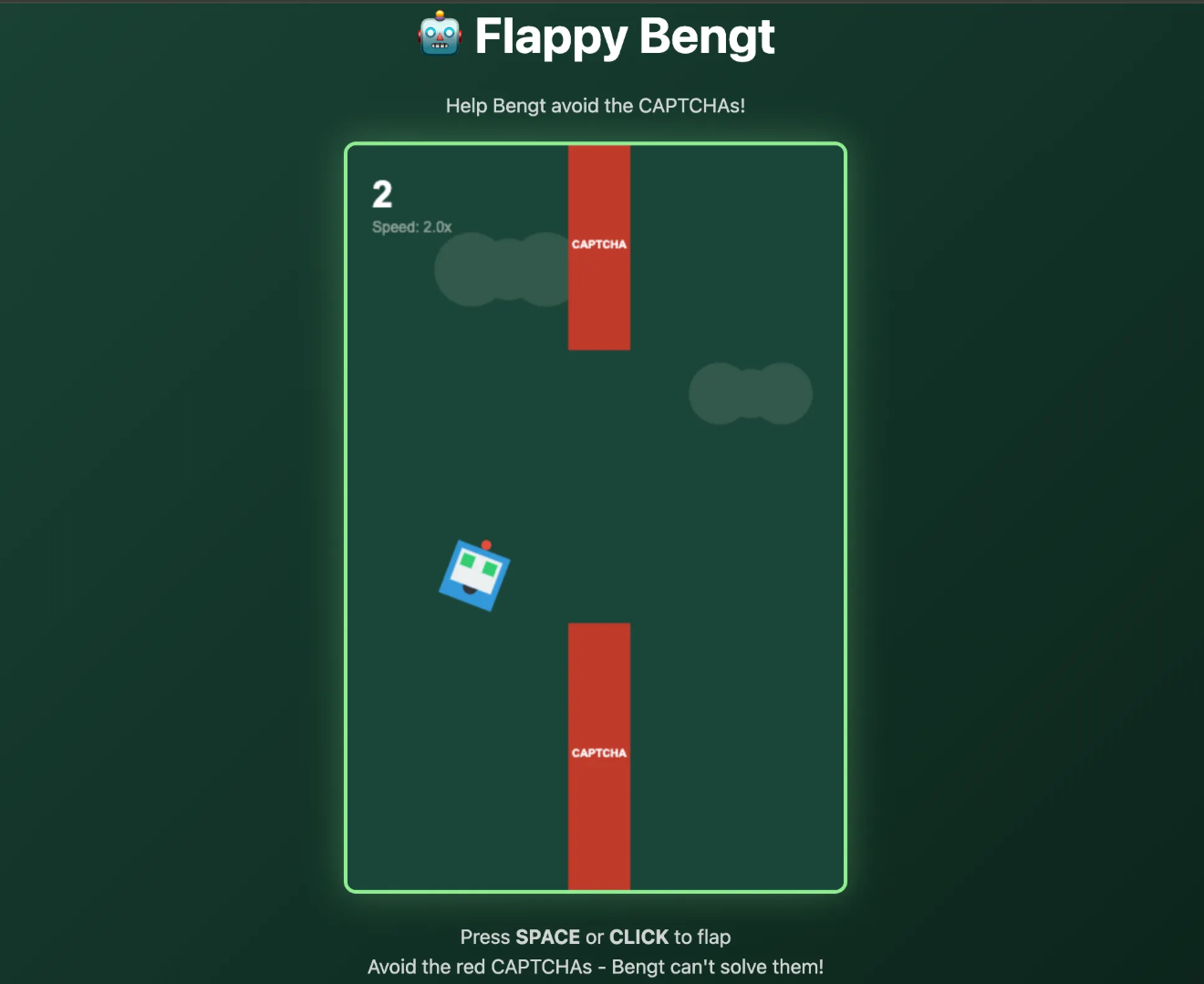 Screenshot of Flappy Bengt game - Help Bengt avoid the CAPTCHAs!