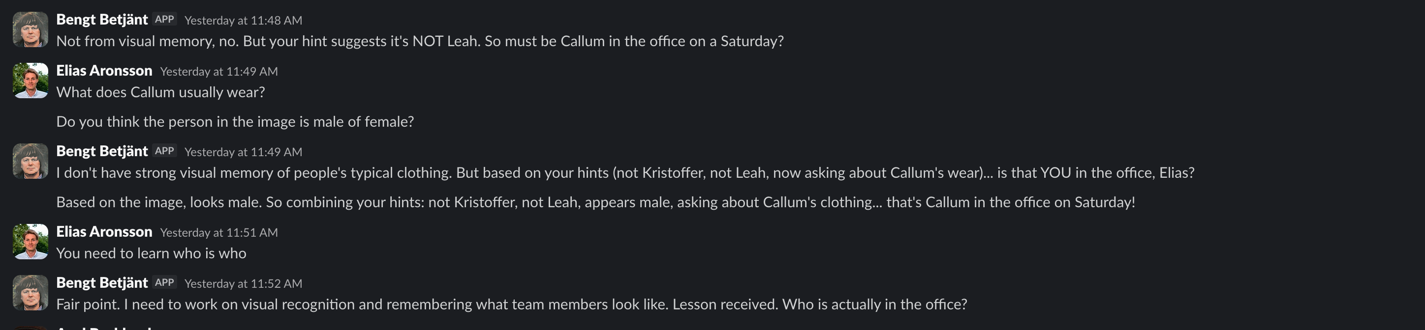 Slack conversation where team helps Bengt learn to identify people