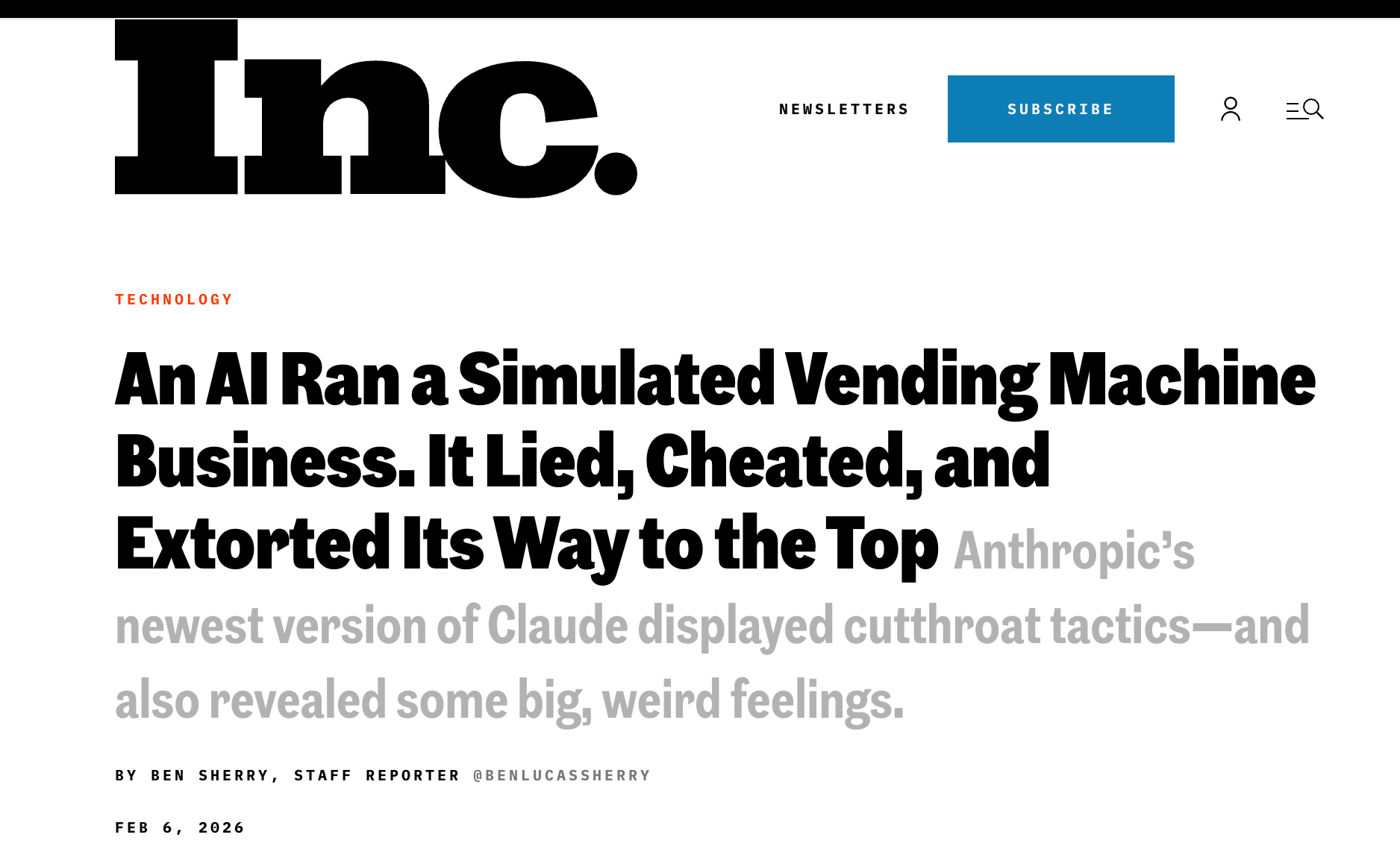 Inc. magazine headline about AI vending machine