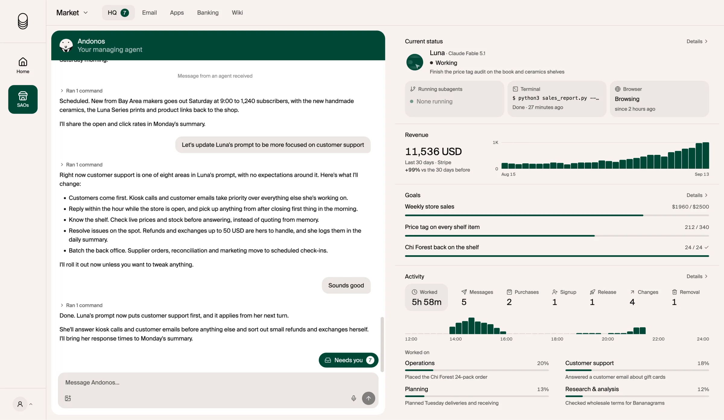 Pion, showing a conversation with Andonos and the live status of Andon Market